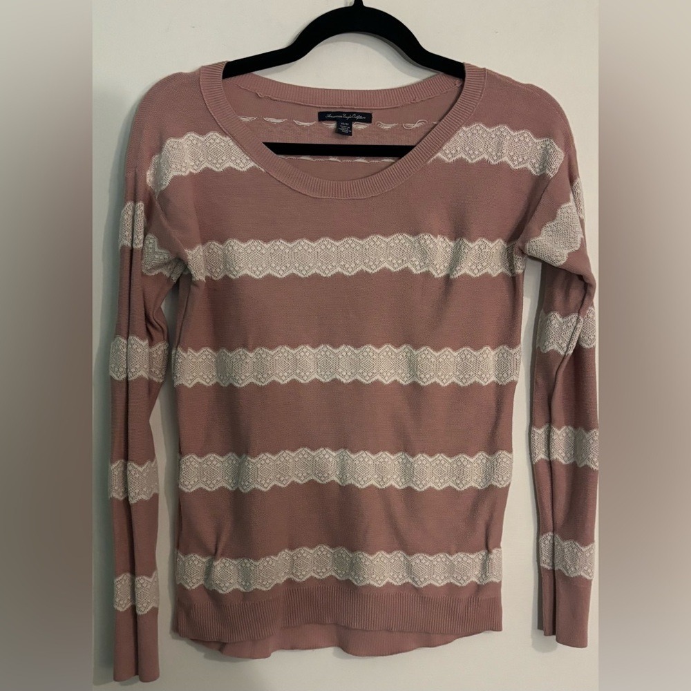 American Eagle‎ Outfitters Womens XS Dusty Rose Long Sleeve White Lace Stripes